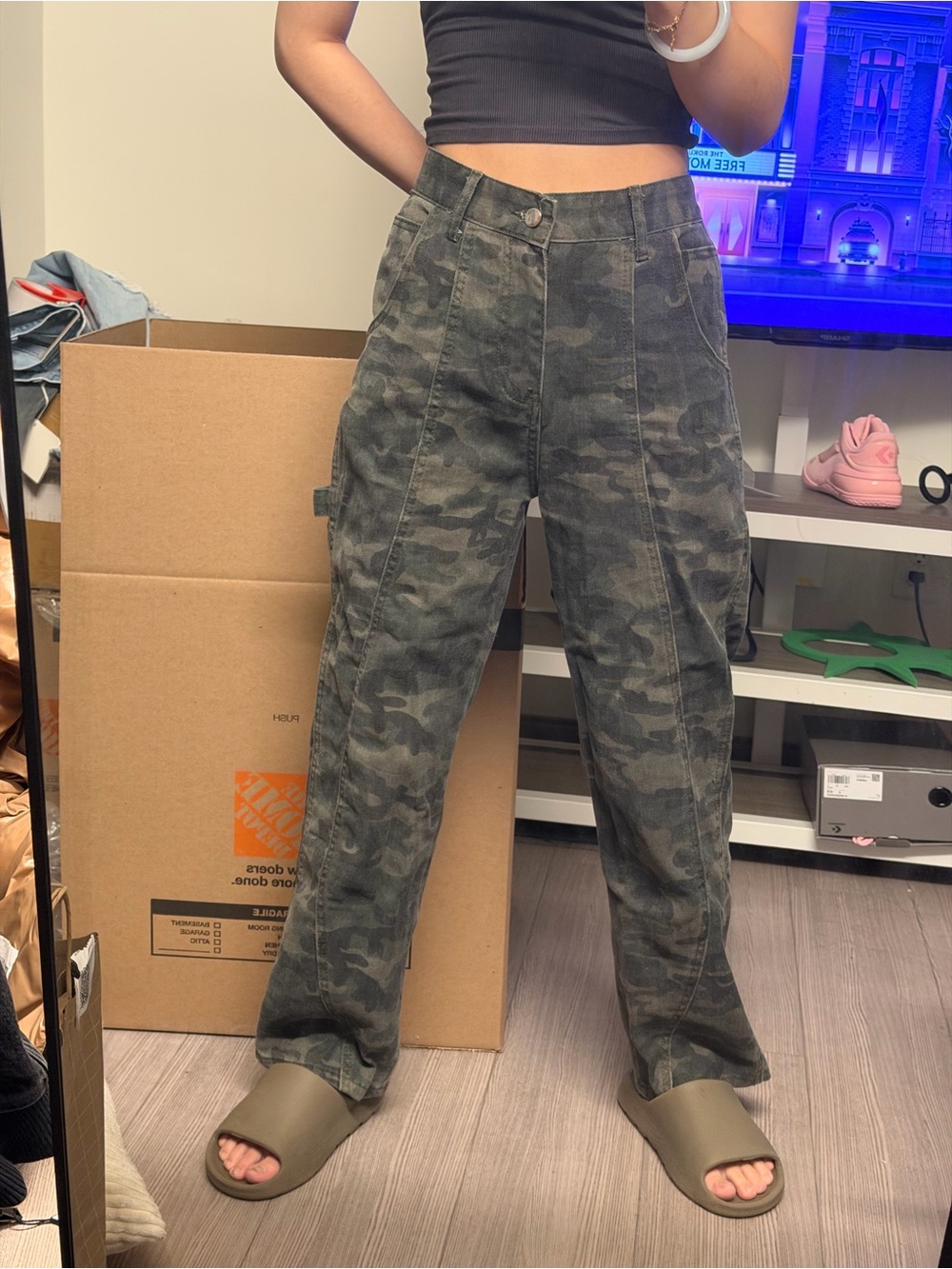 High-Rise Camo Wide Leg Pants - Olive Green